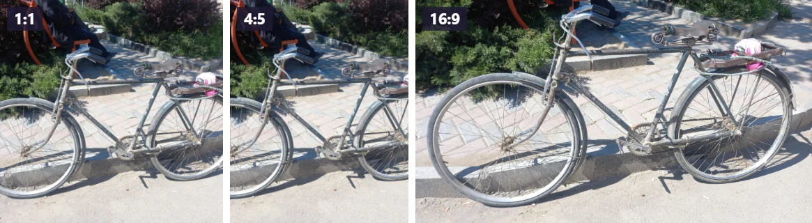 Dasselbe Fahrradfoto zugeschnitten auf 1:1, 4:5 und 16:9