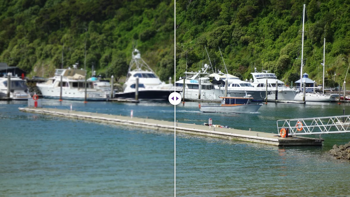 Boats in a harbor in New Zealand: blurry, low-resolution version on the left and sharp version on the right