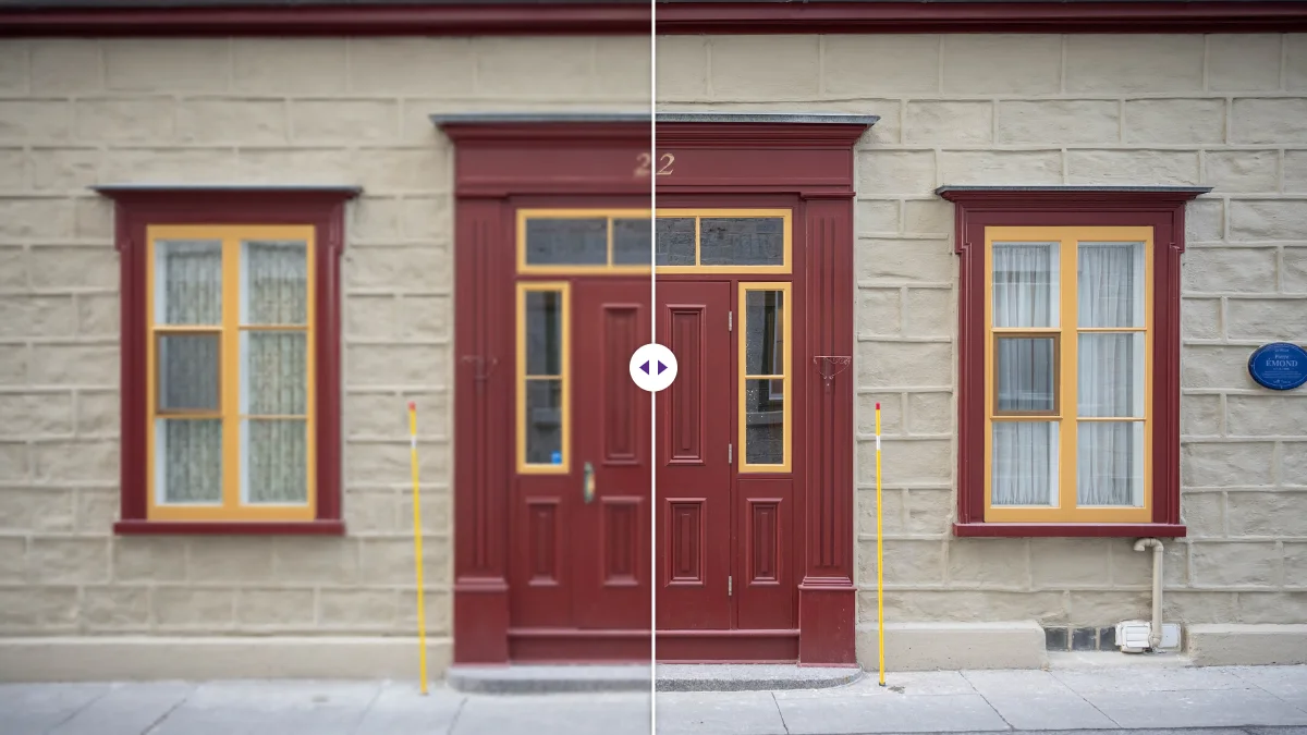 A house front with a red door: blurry, low-resolution version on the left and sharp version on the right