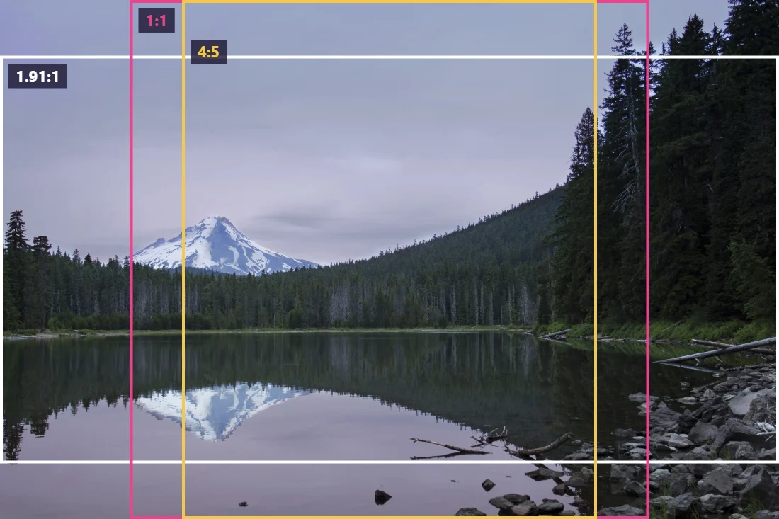 A mountain lake photo with crop frames for Instagram's 1.91:1, 1:1 and 4:5 shapes