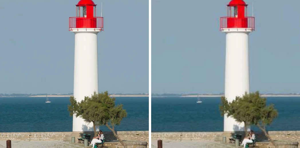 A lighthouse photo before and after compression to under 100 KB, side by side