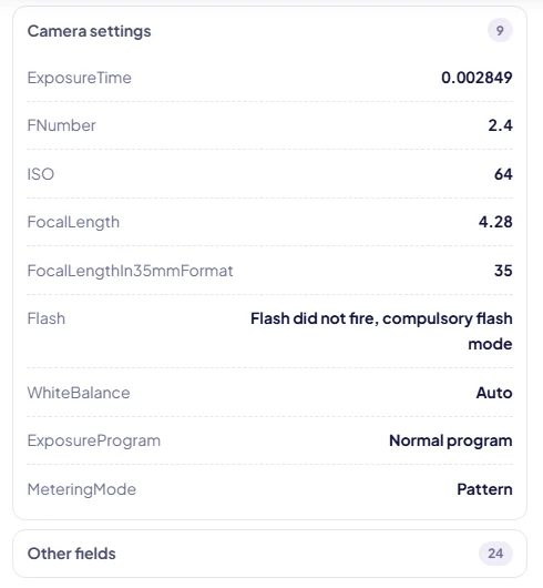 Screenshot listing a photo's camera settings: exposure time, aperture, ISO, focal length, flash and white balance