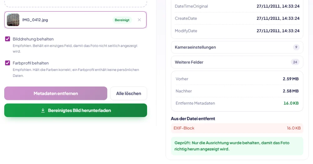 Screenshot des Metadaten-Entferners nach der Bereinigung: Die Datei ist als bereinigt markiert, eine Übersicht zeigt den entfernten EXIF-Block