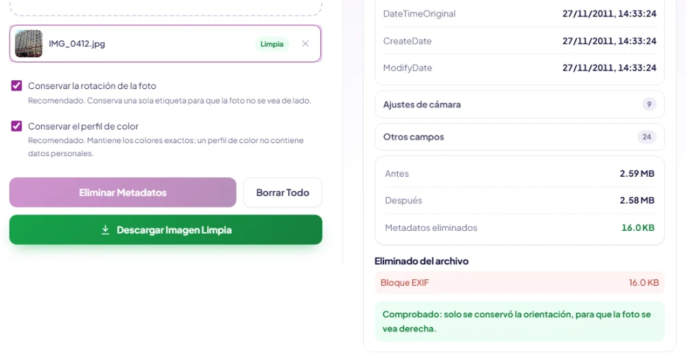 Captura del eliminador de metadatos tras la limpieza: el archivo aparece como limpio y un resumen muestra el bloque EXIF eliminado