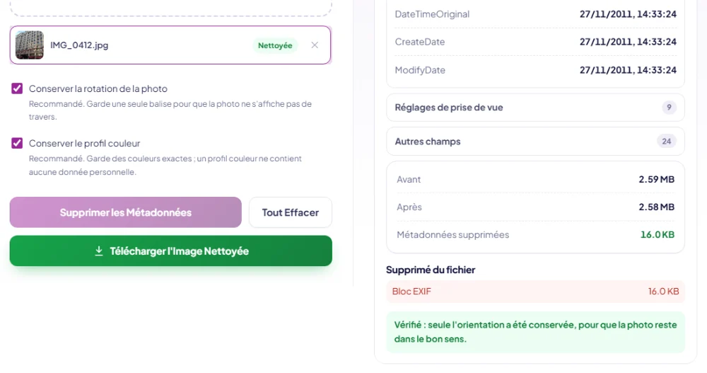 Capture du suppresseur de métadonnées après nettoyage : le fichier est marqué nettoyé et un résumé montre le bloc EXIF supprimé