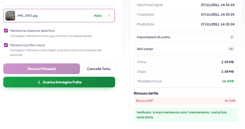Schermata della rimozione metadati dopo la pulizia: il file è segnato come pulito e un riepilogo mostra il blocco EXIF rimosso