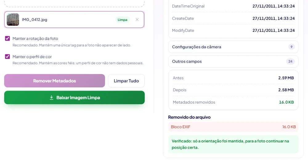 Captura do removedor de metadados depois da limpeza: o arquivo aparece como limpo e um resumo mostra o bloco EXIF removido