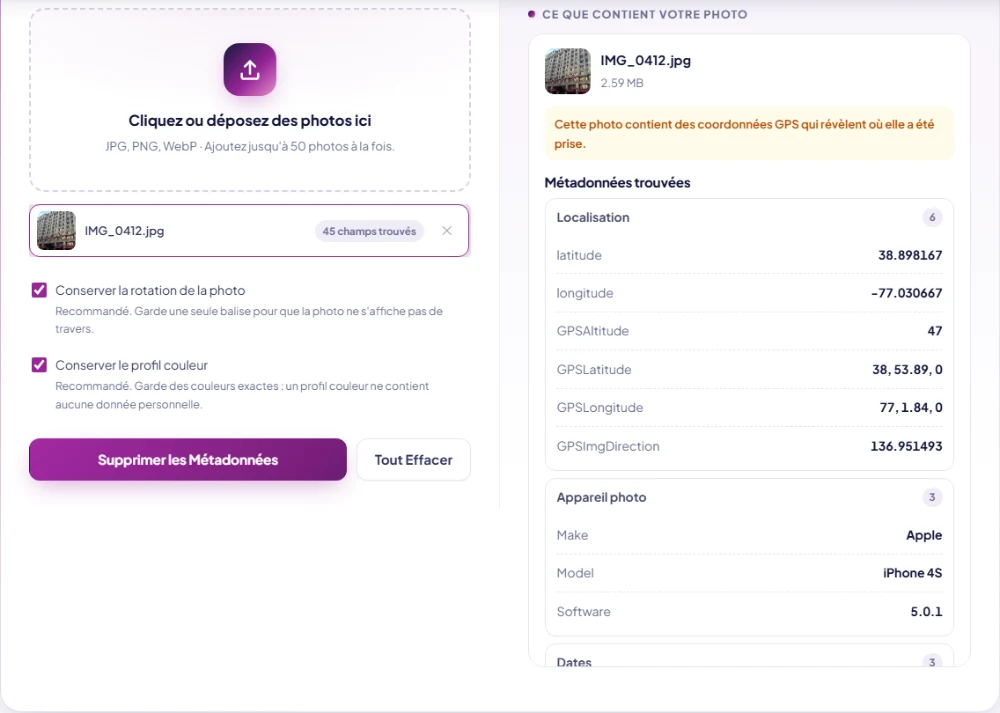 Capture du rapport de suppression des métadonnées avec coordonnées GPS, modèle d'appareil et dates