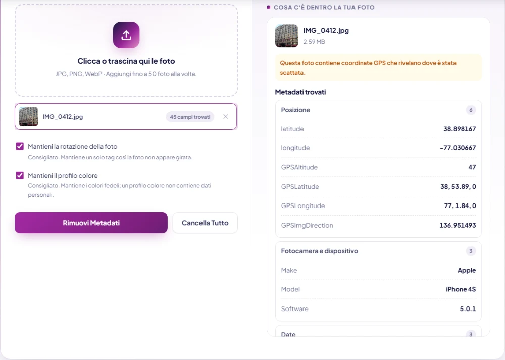 Screenshot del rapporto della rimozione metadati con coordinate GPS, modello della fotocamera e date