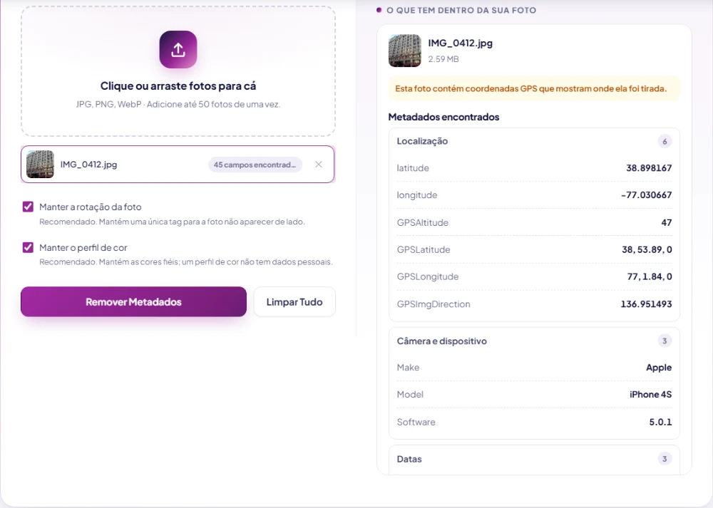 Captura do relatório do removedor de metadados com coordenadas GPS, modelo da câmera e datas