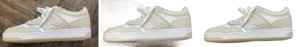 A sneaker on a wooden floor, then on white with two different models: a faint grey haze with the lighter one, a clean result with the better one