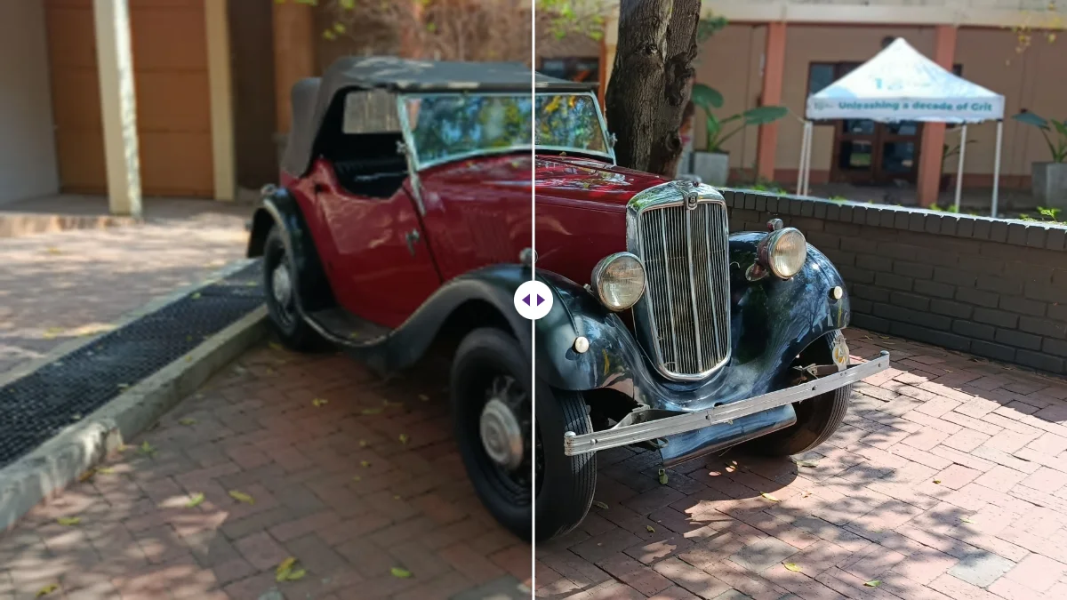 Un'auto sportiva d'epoca rossa: versione sfocata a bassa risoluzione a sinistra e versione nitida a destra