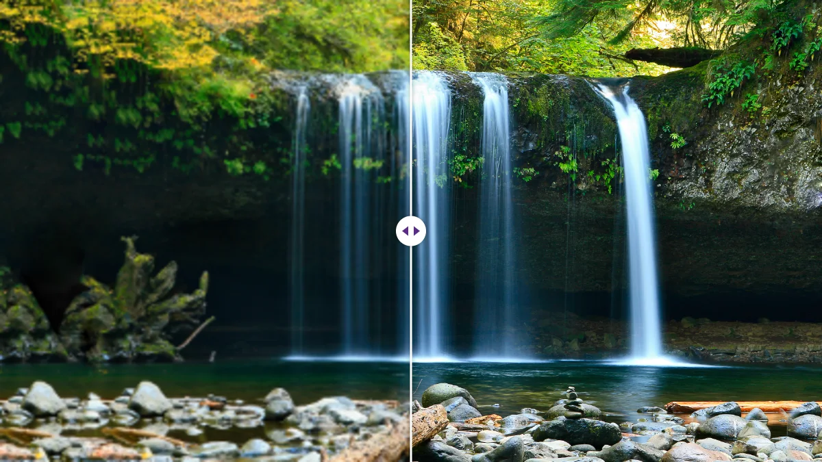 Una cascata in un bosco verde: versione sfocata a bassa risoluzione a sinistra e versione nitida a destra